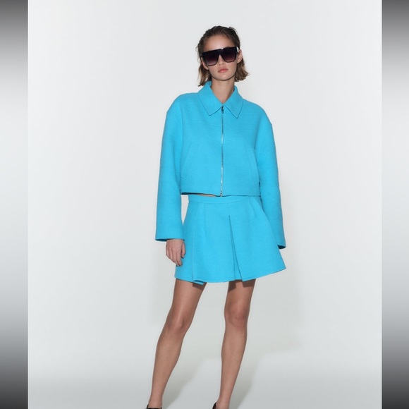 Aqua blue tweed like Zara bomber jacket and skort set - Picture 3 of 10